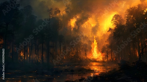 Raging Inferno Consuming Lush Forest Landscape in Flames of Ecological Disaster photo