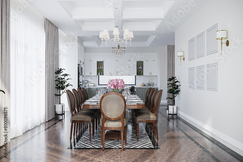 Modern dining room with white walls, huge windows covered with drapes, and a table and chairs © CGI