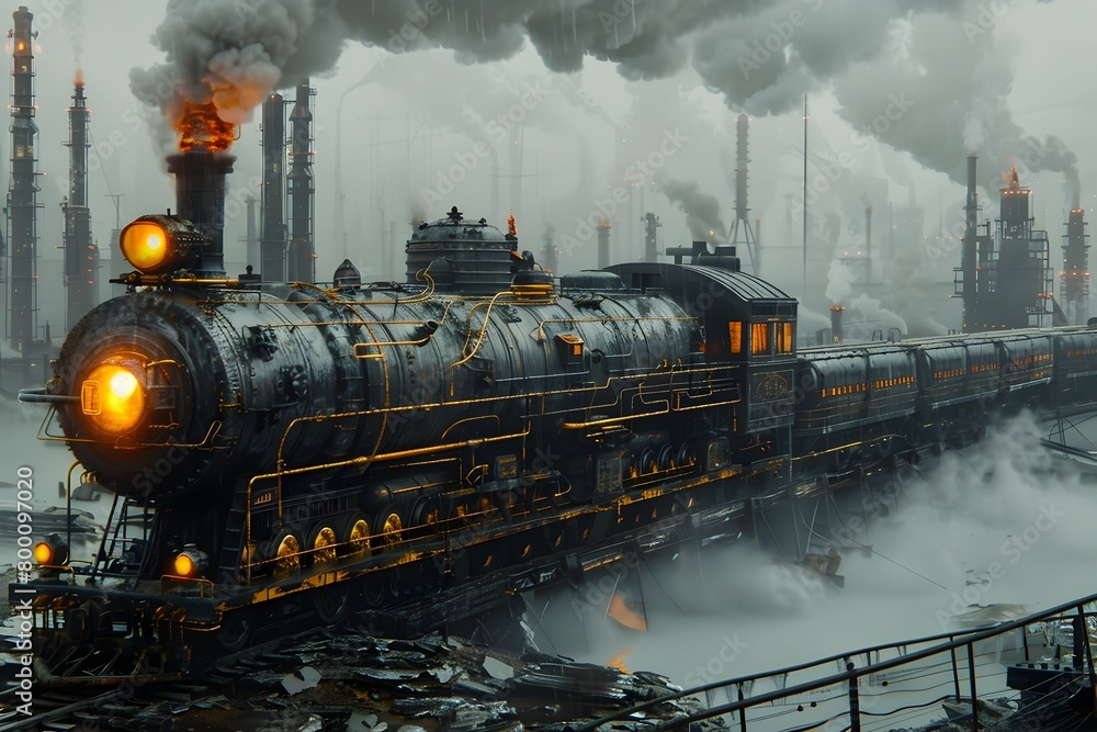 Steampunk Locomotive Traversing Polluted Industrial Cityscape Steampunk Locomotive Traversing Polluted Industrial Cityscape