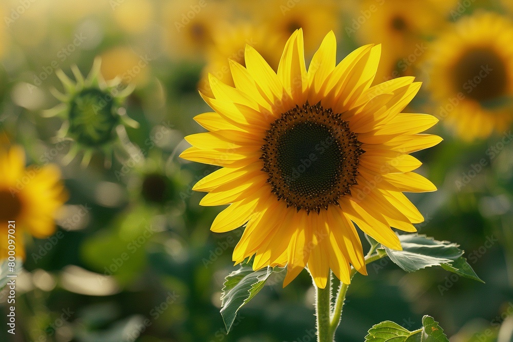 Fototapeta premium A single sunflower in a sunlit field, detailed view of its bright yellow petals and dark brown center, with soft-focus sunflowers and green foliage in the background