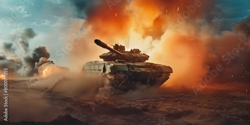 Armored tank blast in a minefield war scene tank and fire scene tank firing scene war and tank scene photo