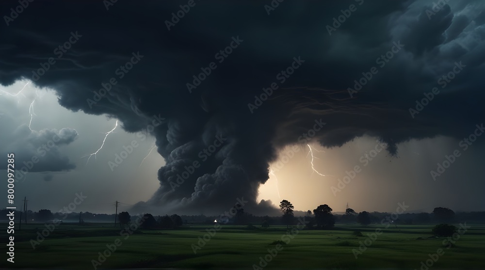 Obraz premium Scenery of massive tornado, huge cyclone, apocalyptic feeling. Thunderstorm landscape of natural disaster. Global earth ecology problem, climate change concept.generative.ai