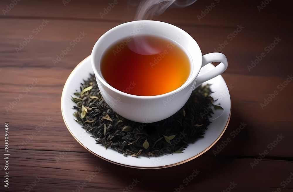A cup of tea with tea leaves, top view A cup of tea with tea leaves, top view
