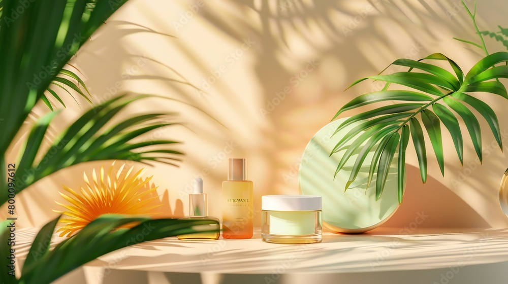 Obraz premium Sleek geometry-inspired podium mockup, offering a sleek and stylish setting for presenting summer skincare lines.