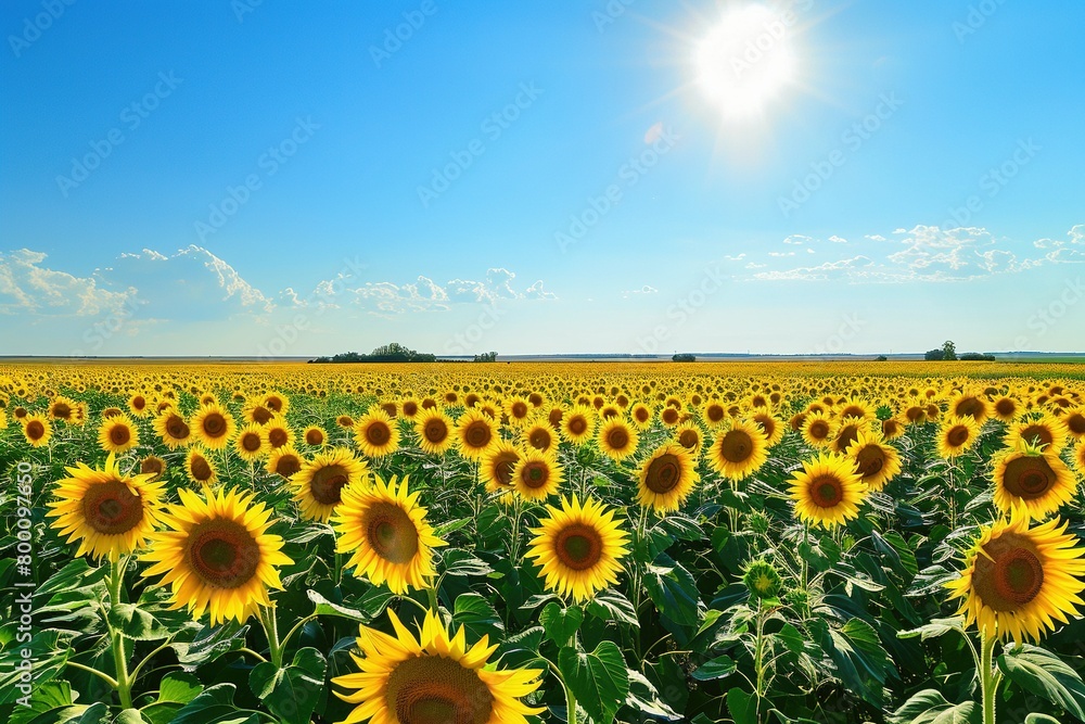 Obraz premium A vast field of vibrant sunflowers under a clear blue sky, sunflowers in full bloom, towering and facing the sun, embodying happiness and vitality