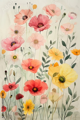 wildflower poppies and daisies in beige  watercolor illustration. ai generated