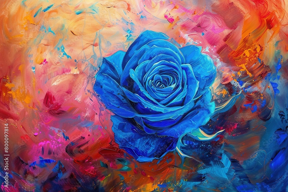 Obraz premium A vivid, abstract painting of a single blue rose, symbolizing the impossible or the extraordinary, against a swirling, colorful background that accentuates the rose's unique beauty