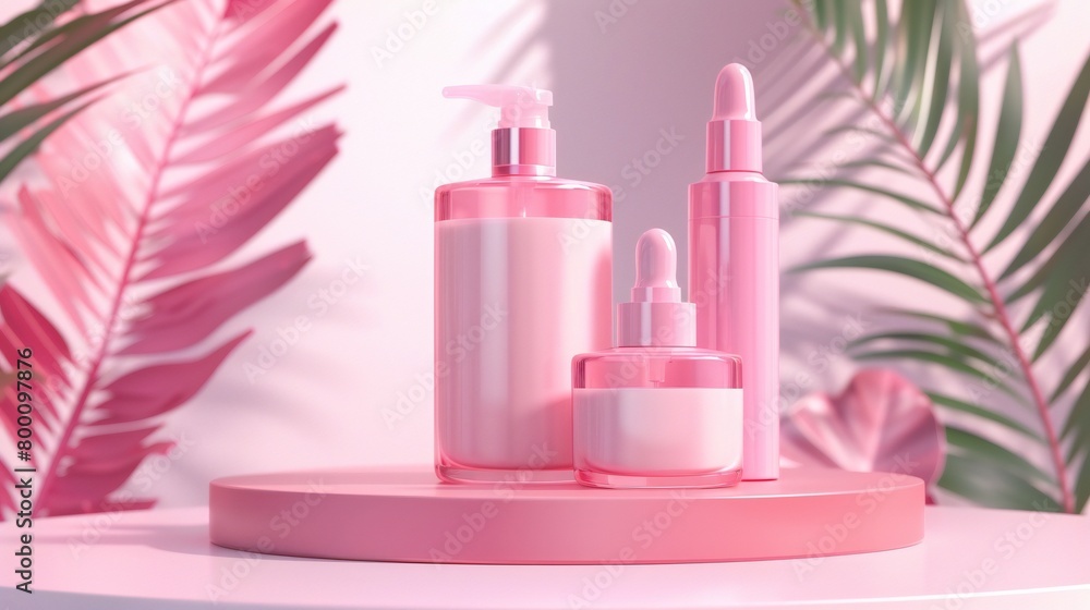 Stylish cosmetic mockup podium with geometric elements, providing an eye-catching display for summer beauty products.