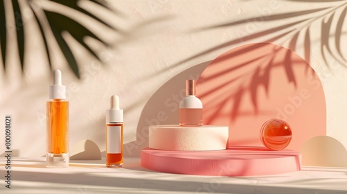 Stylish cosmetic mockup podium with geometric elements, providing an eye-catching display for summer beauty products.