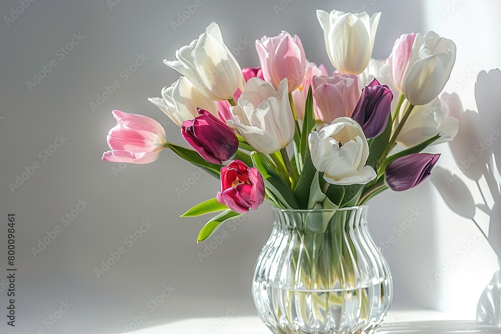 Obraz premium An elegant tulip bouquet in a crystal vase, featuring a mix of pink, white, and purple tulips