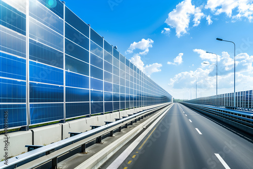 Highway bordered by solar panels, depicting clean energy in transportation infrastructure