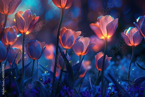 An imaginative scene of tulips glowing with inner light, set in a mystical garden at twilight. The flowers emit a soft, ethereal glow, contrasting with the dusky blue of the evening sky