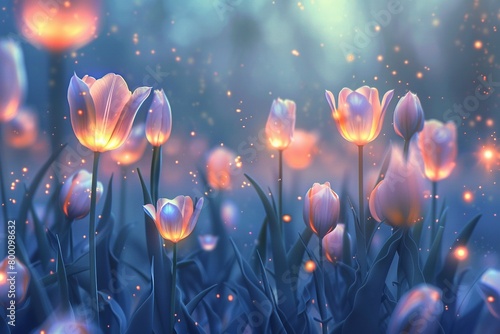 An imaginative scene of tulips glowing with inner light, set in a mystical garden at twilight. The flowers emit a soft, ethereal glow, contrasting with the dusky blue of the evening sky photo