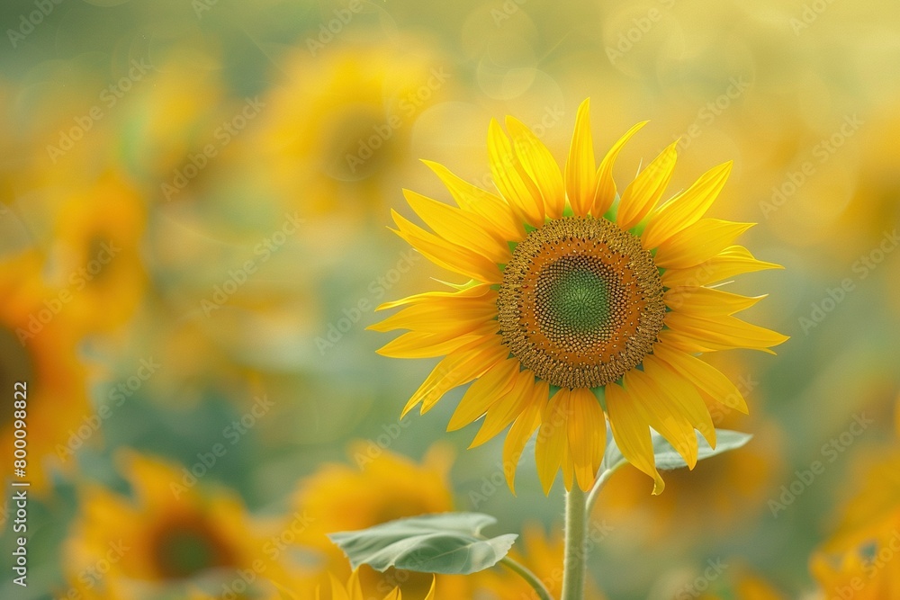 A close-up, artistic shot of a single sunflower among many, focusing on the intricate details of its petals and the vibrant colors that symbolize happiness and positivity