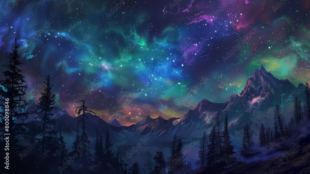 Underneath a canopy of enchanted stars, the cosmos come alive in a symphony of colors, perfect for adding text.