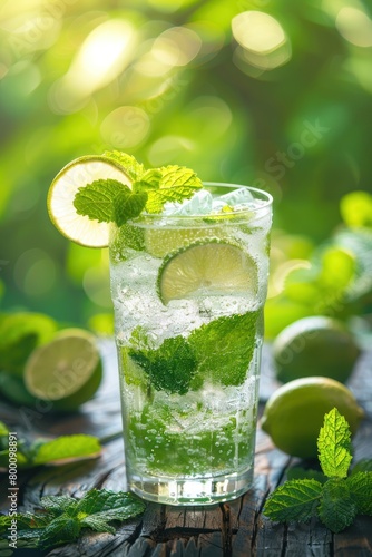 A glass containing a mojito cocktail filled with ice, lime wedges, and fresh mint leaves