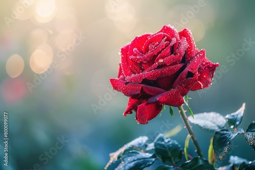 A close-up of a single red rose, dew-covered petals, against a soft-focus background of early morning light filtering through a misty garden photo