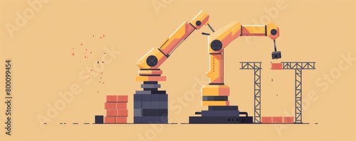 Illustration of automated bricklaying robots working on a construction site photo