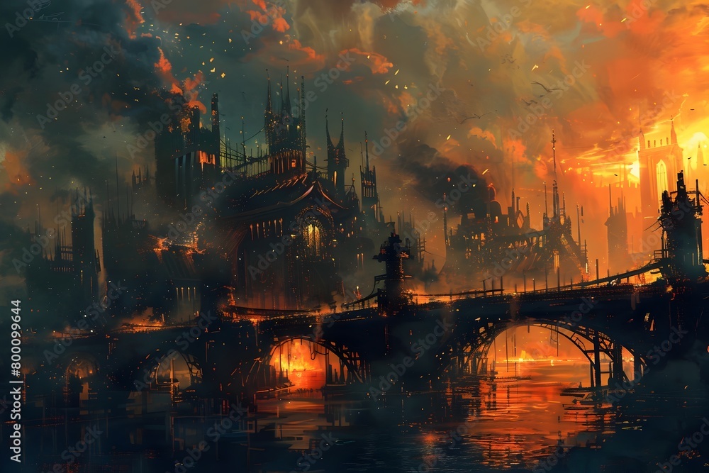 Steampunk Arson's Toll:Dramatic Cityscape of Fiery Destruction and Industrial Cleanup Steampunk Arson's Toll:Dramatic Cityscape of Fiery Destruction and Industrial Cleanup