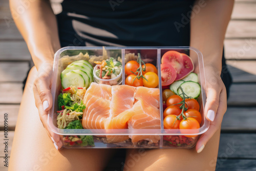 Healthy balanced lunch to eat at trip. Ready to eat on the go. Lunch in container for active people. Lunch box with healthy snacks. Healthy box with sliced vegetables and fruits. Eating outdoors