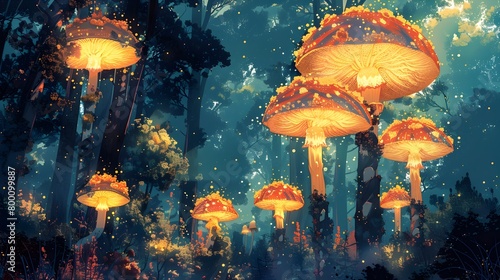 Glowing Mushrooms in an Enchanted Forest Ecosystem Showcase the Symbiotic Connection between Fungi and the Natural Environment