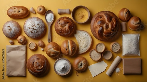 Make bread concept. Bread near wheat ears, flour and eggs on yellow background top view.generative.ai 
