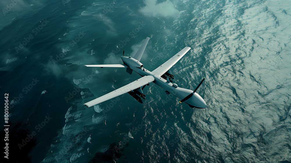 Naklejka premium A small military combat UAV is flying over the ocean. The drone is making a reconnaissance flight