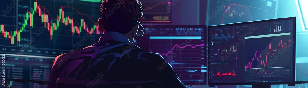 Risk manager analyzing market trends on dual monitors, dark office, focused intense light, closeup view Risk manager analyzing market trends on dual monitors, dark office, focused intense light, closeup view
