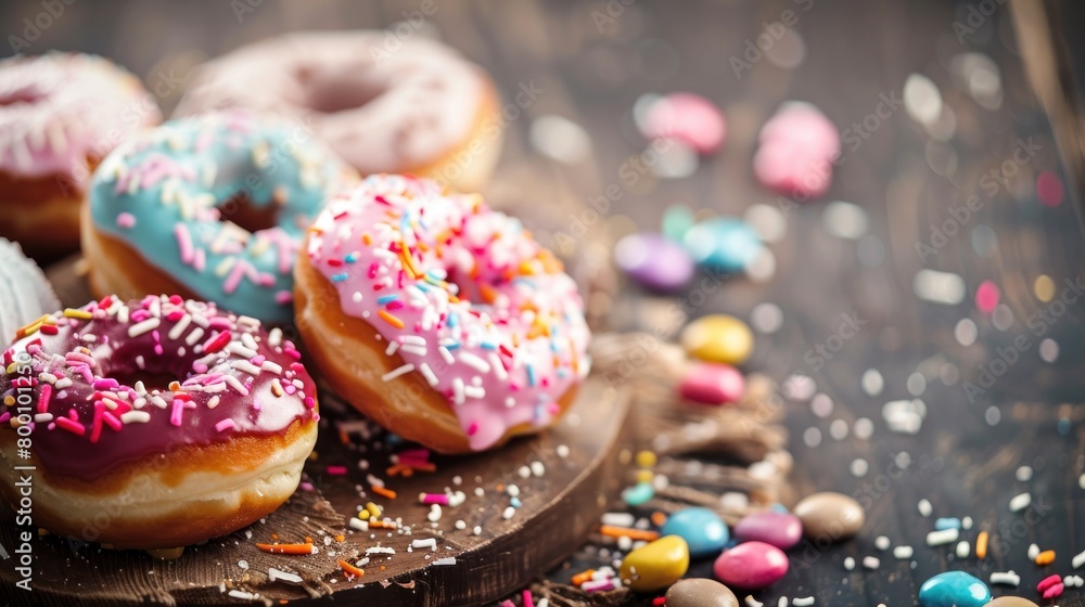 An appealing selection of glazed donuts with festive sprinkles alongside candy on a dark wooden surface