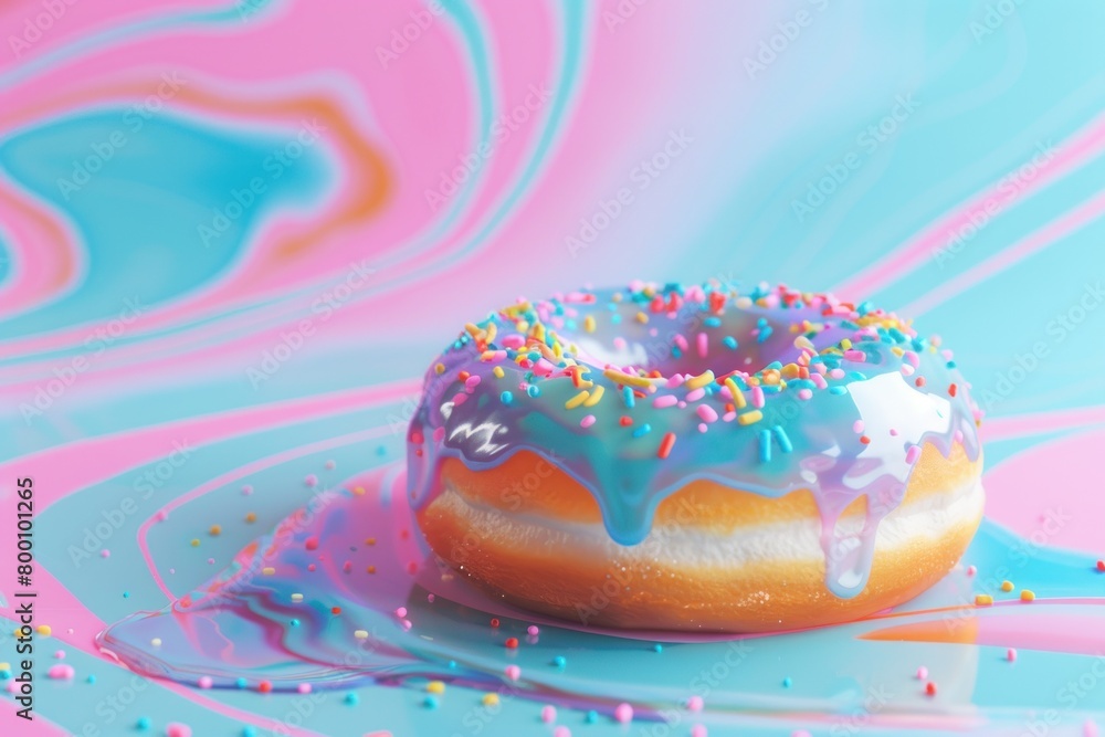 One single donut with blue icing and a cascade of multicolored sprinkles over swirling abstract art One single donut with blue icing and a cascade of multicolored sprinkles over swirling abstract art