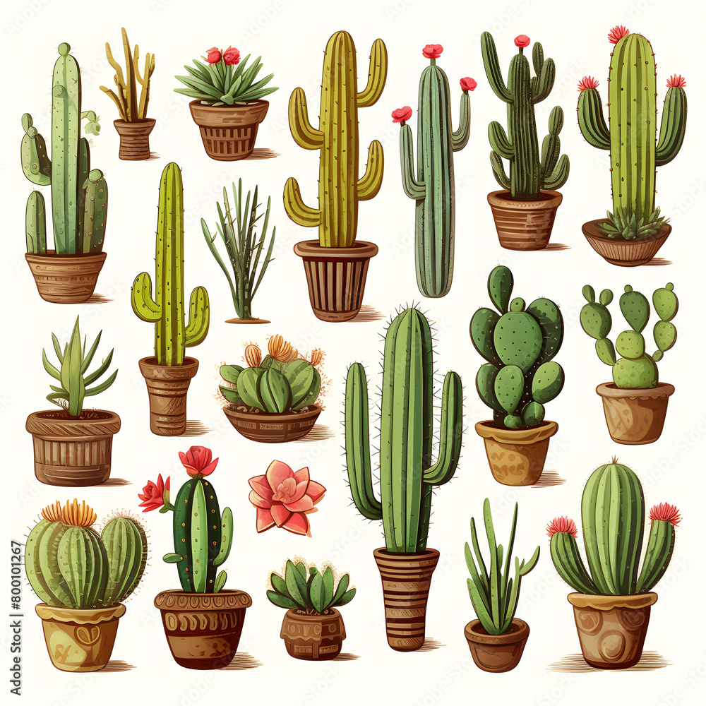 Collection of Various Cacti in Pots: Illustration of Desert Plants in Flower Pots with Flowers Collection of Various Cacti in Pots: Illustration of Desert Plants in Flower Pots with Flowers