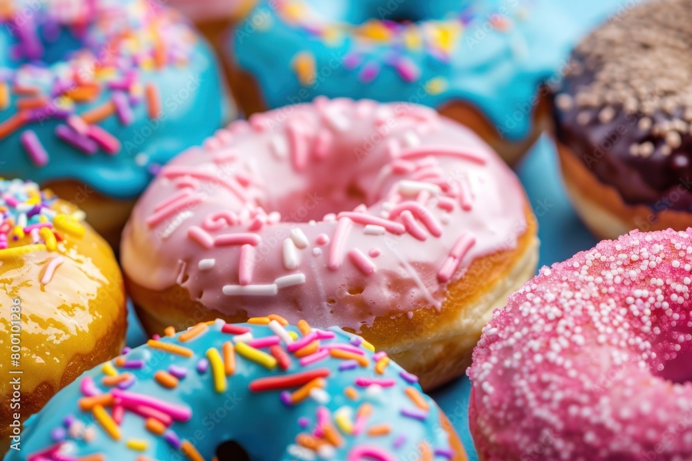 Vivid and colorful array of donuts with different types of icing and sprinkles on a bright background Vivid and colorful array of donuts with different types of icing and sprinkles on a bright background