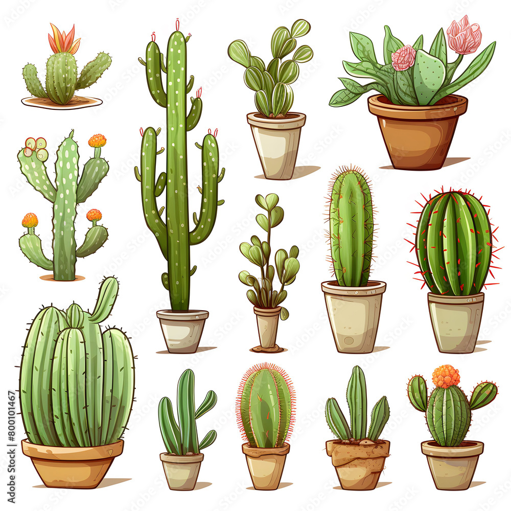Collection of Various Cacti in Pots: Illustration of Desert Plants in Flower Pots with Flowers Collection of Various Cacti in Pots: Illustration of Desert Plants in Flower Pots with Flowers