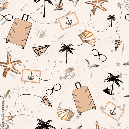 Vector pattern of a suitcase, sea shells, paper airplanes, pictures, anchors. Vintage summer seamless illustration. For printing on prints, designer blanks, t-shirts, wrapping paper, wallpaper