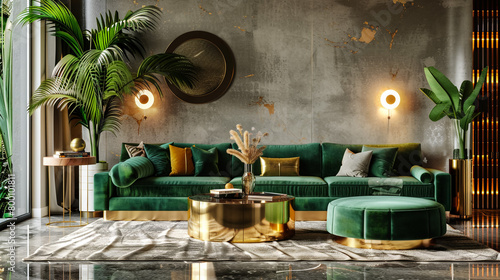 Luxury living room in house with modern interior design, green velvet sofa, coffee table, pouf, gold decoration, plant, lamp, carpet and elegant personal accessories. Template 