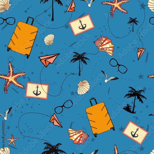 Vector pattern of a suitcase, sea shells, paper airplanes, pictures, anchors. Vintage summer seamless illustration. For printing on prints, designer blanks, t-shirts, wrapping paper, wallpaper
