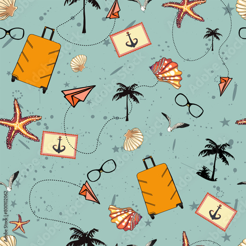 Vector pattern of a suitcase, sea shells, paper airplanes, pictures, anchors. Vintage summer seamless illustration. For printing on prints, designer blanks, t-shirts, wrapping paper, wallpaper