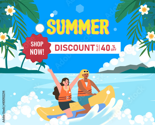 Summer beach, blue ocean water. Sunny palms and vacation shopping, coconut trees, sea travel, woman on seashore, tropical island resort. Vector illustration banner template