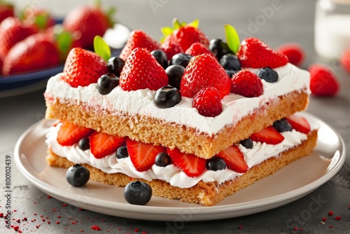 Scrumptious homemade strawberry sponge cake with fresh berries and whipped cream topping