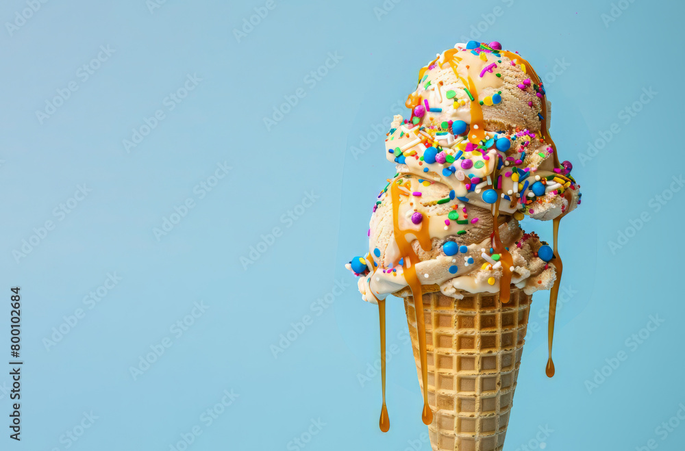 Delicious ice cream cone with multiple scoops of ice cream and sprinkles and syrup