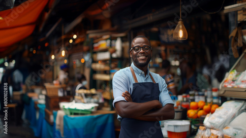  a smiling black Male small business owner in an apron is standing with his hands folded in front of his store. Set against a backdrop of a lively marketplace