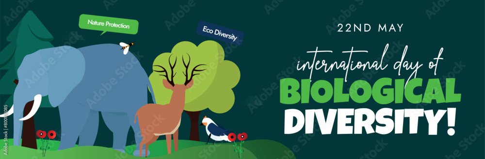 International day of Biological diversity cover banner. 22nd May 2024 International biodiversity day celebration cover banner with elephant, deer, flowers, trees, birds on dark green background.