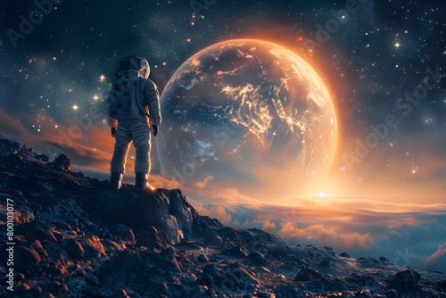 Intrepid Astronaut Gazes Upon the Awe-Inspiring Expanse of an Otherworldly Alien Landscape Bathed in Cosmic Radiance