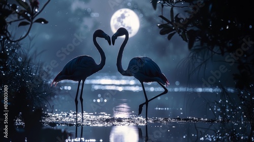 Two flamingos standing in a pond with a full moon in the background