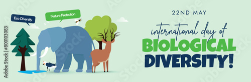 International day of Biological diversity cover banner. 22nd May 2024 International biodiversity day celebration cover banner with elephant, deer, flowers, trees, birds on light green background.