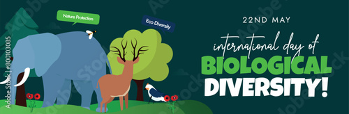 International day of Biological diversity cover banner. 22nd May 2024 International biodiversity day celebration cover banner with elephant, deer, flowers, trees, birds on dark green background.