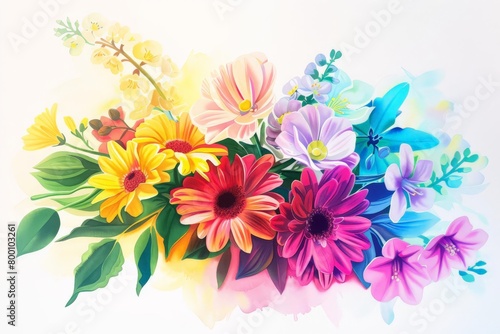 A colorful bouquet of flowers is displayed on a white background © Watercolorbackground