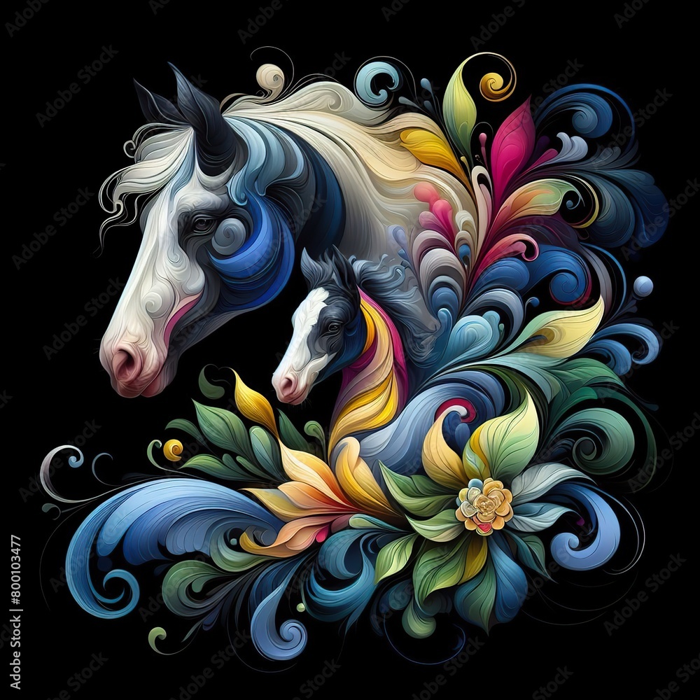 Floral artistic image of black background blue yellow magenta green horse with her baby Floral artistic image of black background blue yellow magenta green horse with her baby