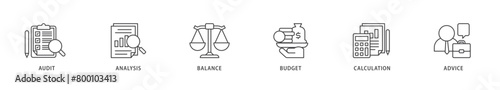 Accounting icons set collection illustration of audit, analysis, balance, budget, calculation, and advice icon live stroke and easy to edit 