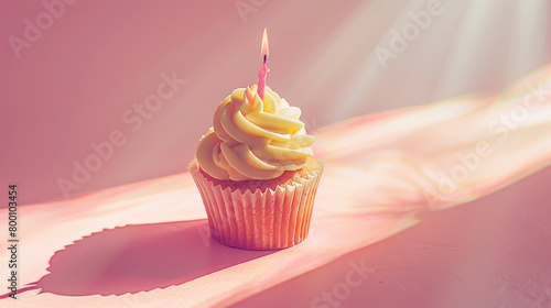 Aesthetic cupcake with candle, on light pink background with sun rays. Anniversary celebration concept. Generative AI
